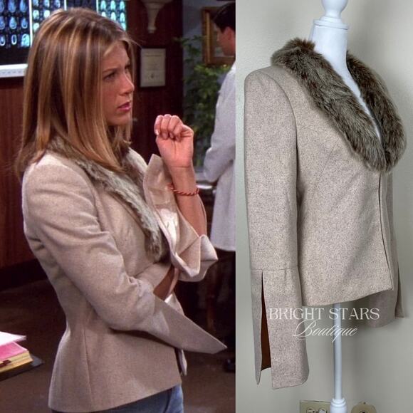 Vintage Rare Jacket Faux Fur Wool Collar ASO Rachel Green Friends Beige Classic - Picture 3 of 12